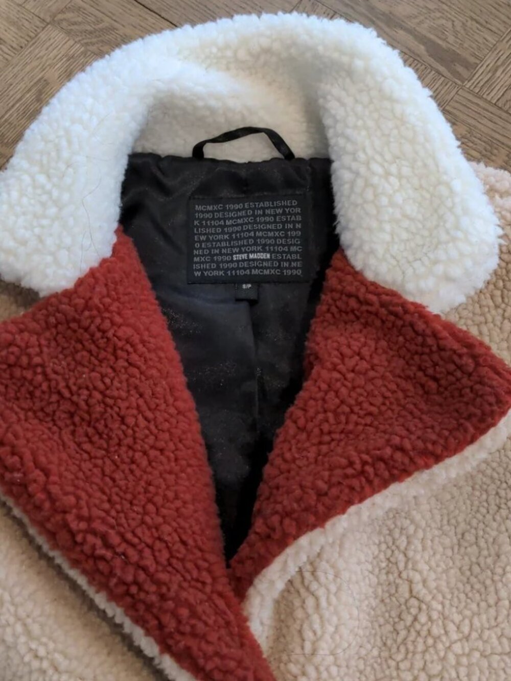 Steve Madden Sherpa Teddy Cream Colourblock Jacket Coat Size Small - Picture 3 of 6